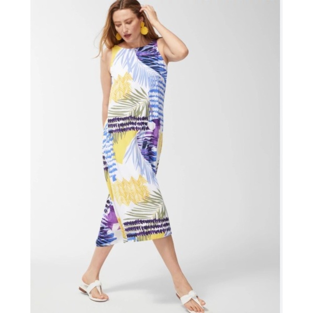 Chico's Dress Tropical Print‎ Casual Sundress Sz 3 US16 Tie-Back Collage Trapeze
